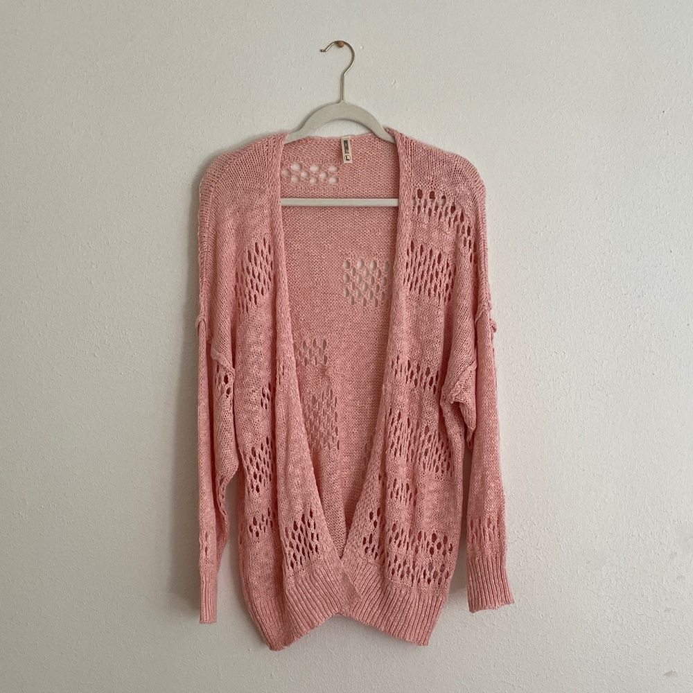 Grecerelle Open Front Cardigan Pink Loose Knit Sweater